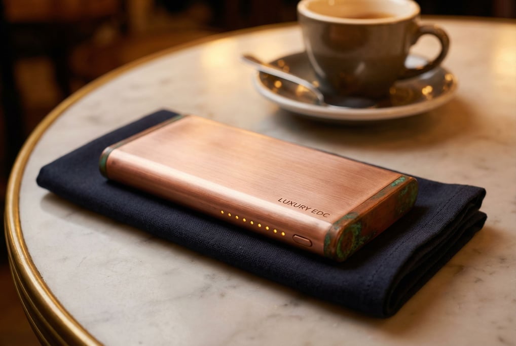 Close-up on a flat rectangular bar of solid brushed copper — a concept power bank — ten tiny LED dots along one edge showing charge level
