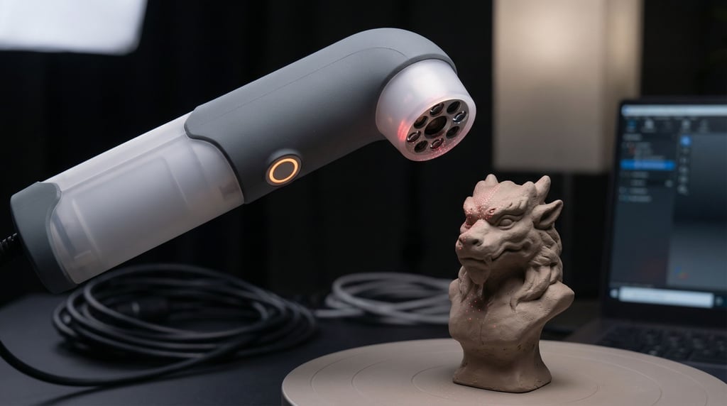 A concept 3D scanner wand hovers above a small clay sculpture on a turntable — infrared emitters at the tip project a subtle dot pattern across the sculpture's surface