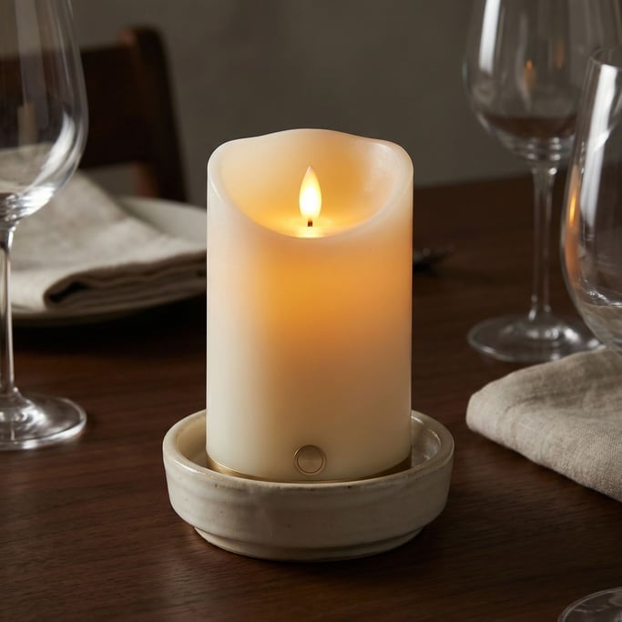 A concept smart candle with a real wax exterior in ivory white and a hidden LED flame element that flickers naturally