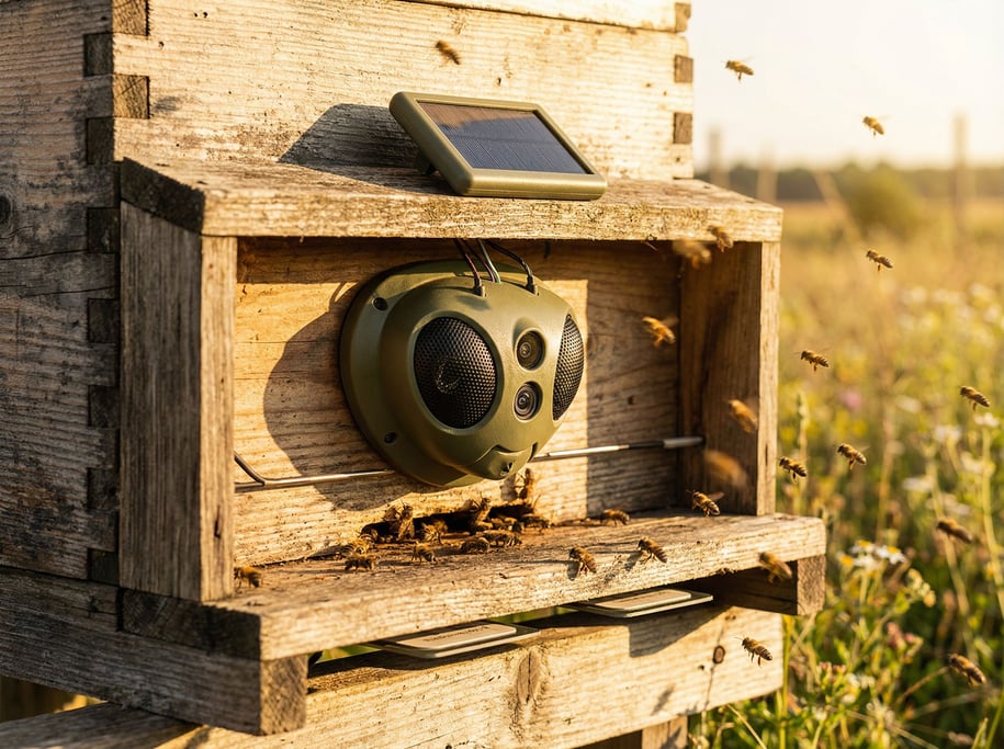 The compound eye of a concept smart beehive monitor peers from a traditional wooden hive entrance — weatherproof green polymer housing