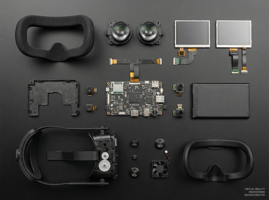 A flat-lay knolling of a disassembled concept VR headset on matte black surface