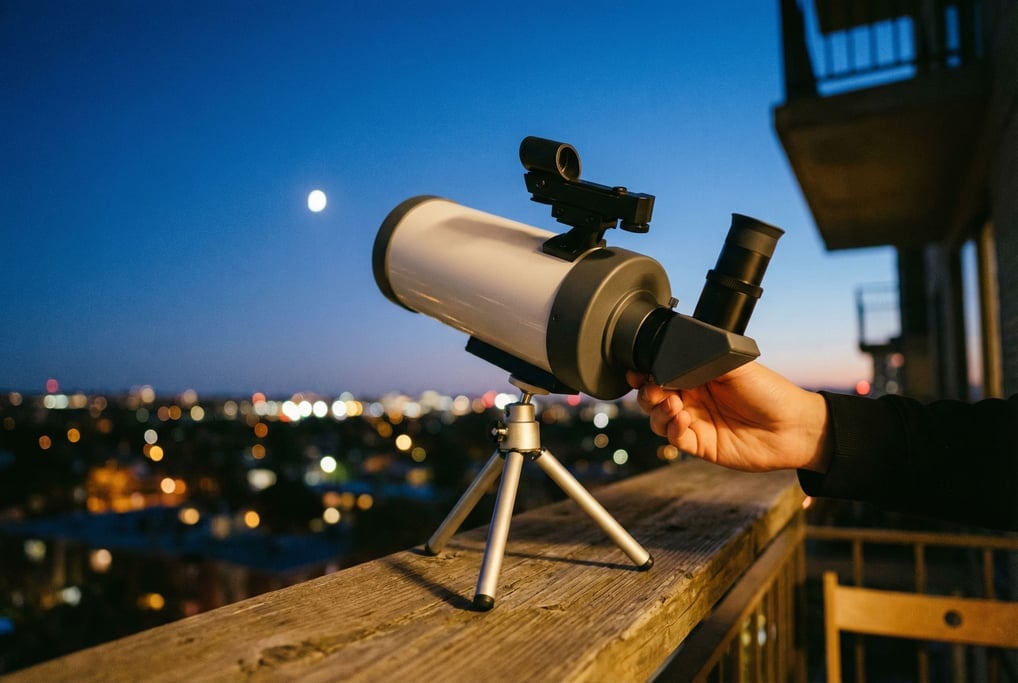 A compact telescope on a lightweight tabletop mount sits on an apartment balcony railing at twilight — matte white tube