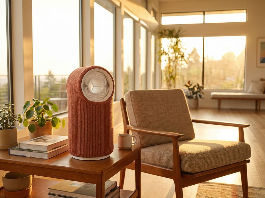 Golden hour light pours through large windows into a bright airy room where a concept desktop air purifier stands — cylindrical tower wrapped in terracotta-colored knitted fabric sleeve over white plastic core