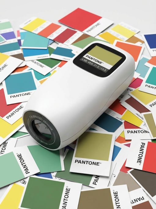 A concept handheld colorimeter sits on Pantone color chips — smooth white body