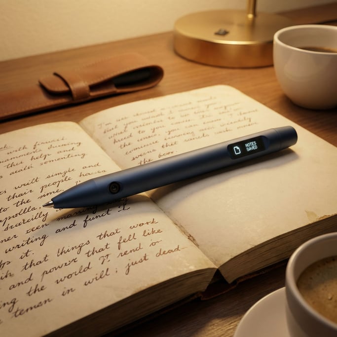 A concept smart pen in matte dark blue aluminum with a fine ballpoint tip lies on a notebook full of handwriting — a tiny camera module near the nib captures every stroke for real-time digitization