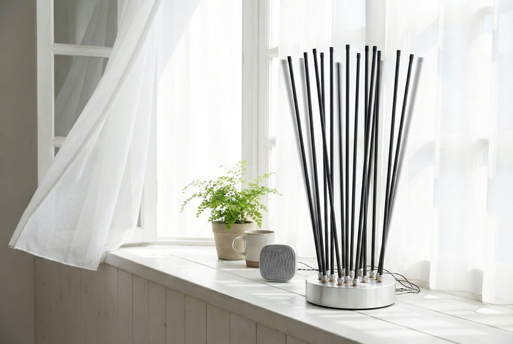 Carbon fiber rods of varying lengths stand vertically on a brushed aluminum base — a concept digital Aeolian harp on an open window ledge