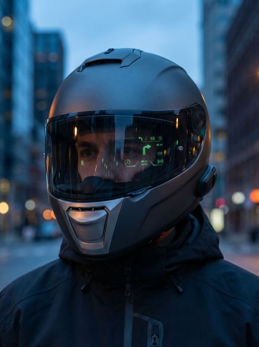 A man wearing a concept full-face smart motorcycle helmet in matte dark grey with an integrated heads-up display visible as a faint green projection on the visor interior