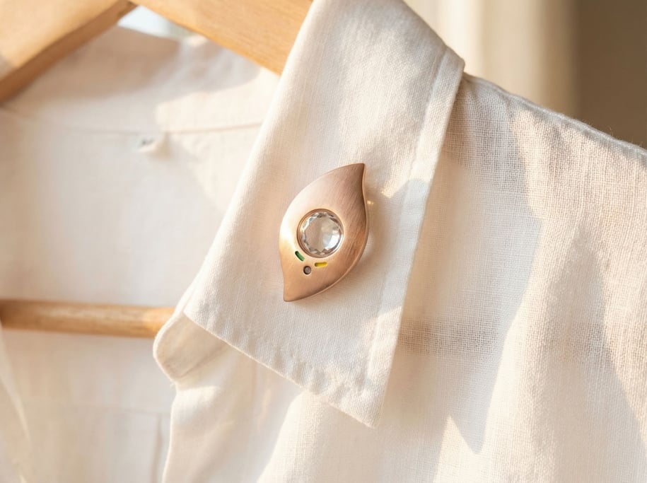 A brooch in brushed rose gold with a tiny UV sensor window in clear sapphire crystal — a concept wearable UV tracker pinned to a white linen shirt collar on a hanger