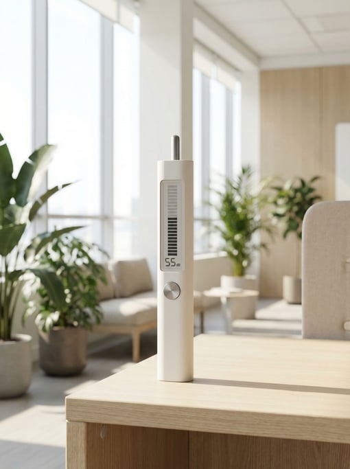 Sunlight floods a bright modern office where a concept sound level meter stands upright on a desk — slim vertical matte white body