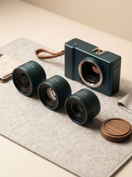 A modular camera system laid out on light grey felt: three interchangeable lens modules in cylindrical housings of anodized dark teal aluminum — wide-angle