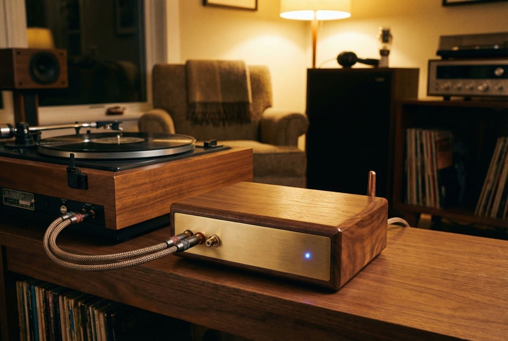 A vintage-styled Bluetooth adapter for turntables — small rectangular box in walnut wood with brushed brass RCA input panel and tiny antenna nub