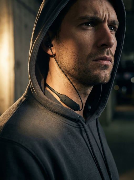 A person wearing a concept throat microphone for silent voice input