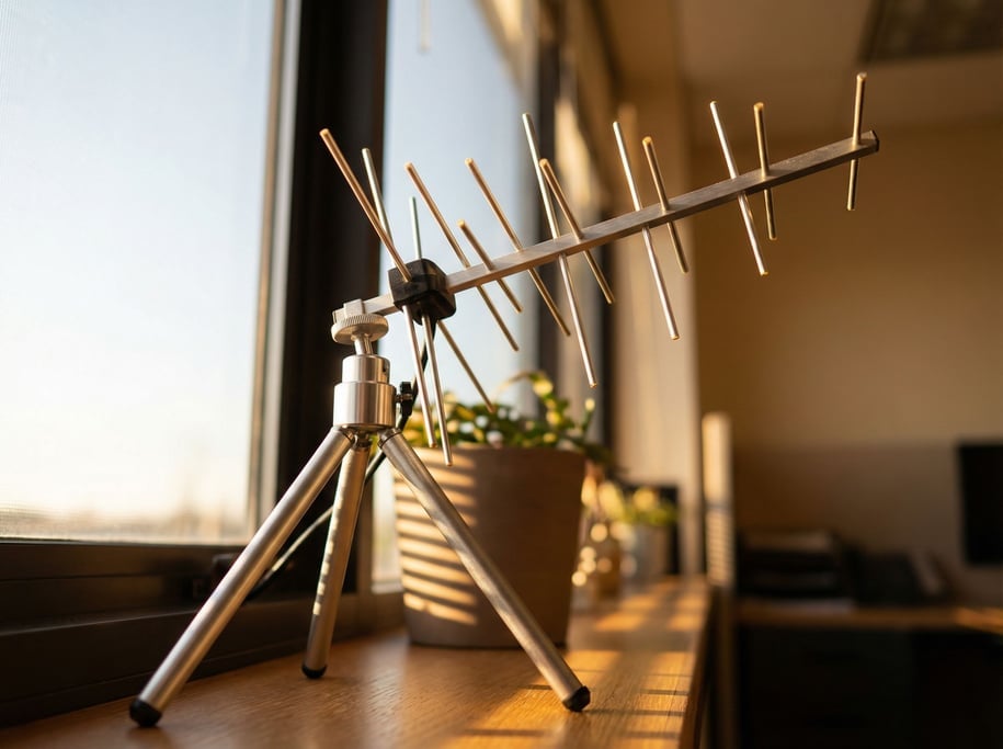 A miniature Yagi antenna sits on a brushed steel desktop tripod on a windowsill