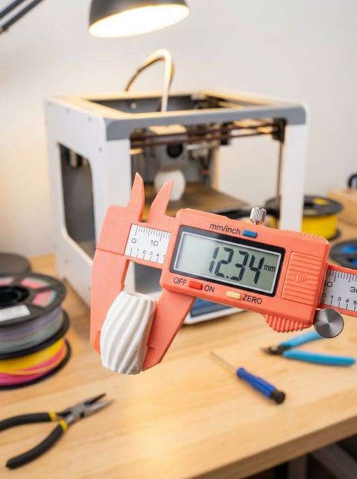 Bright overhead light fills a cheerful maker space where concept digital calipers in coral orange pl