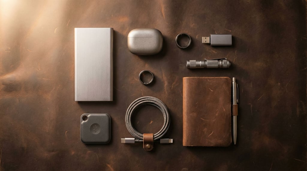 A flat-lay knolling arrangement of concept everyday carry tech on dark brown leather: a slim power b