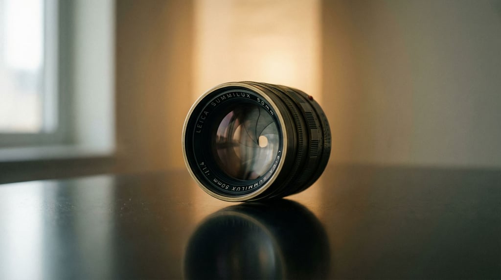 A camera lens standing upright on a reflective surface, internal elements visible through glass (lh0uuqpr)