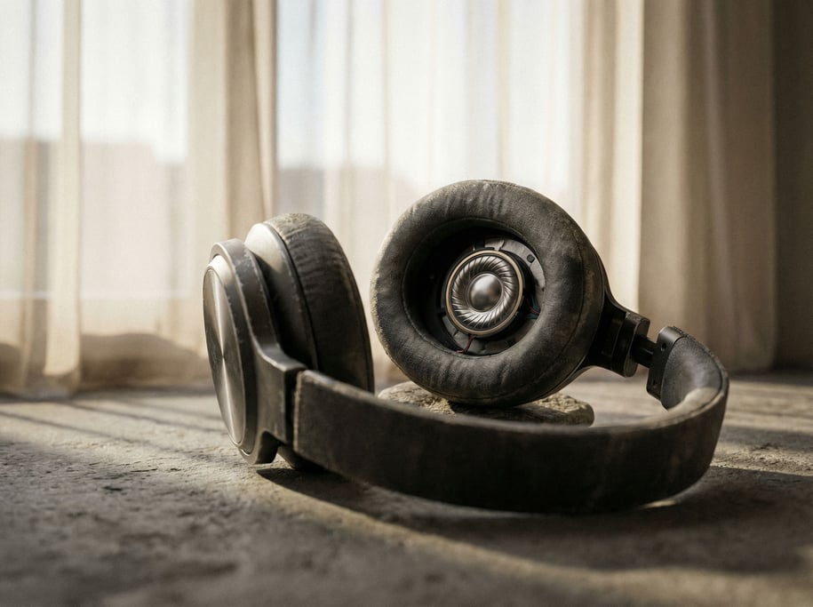 Wireless headphones resting on a dark concrete surface, one ear cup tilted