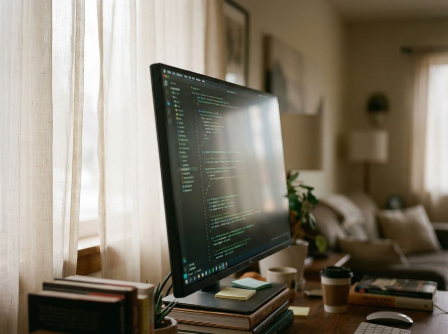 A monitor displaying code, shot from the side at an angle, ambient room light (kauf7l0l)