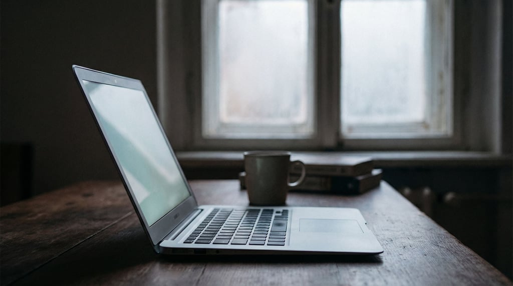 A laptop half-open in a dim room, screen light cutting through the darkness softly