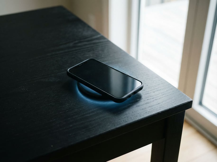 A smartphone face-down on a matte black table, screen glow casting a faint cool reflection upward (1bykmvum)
