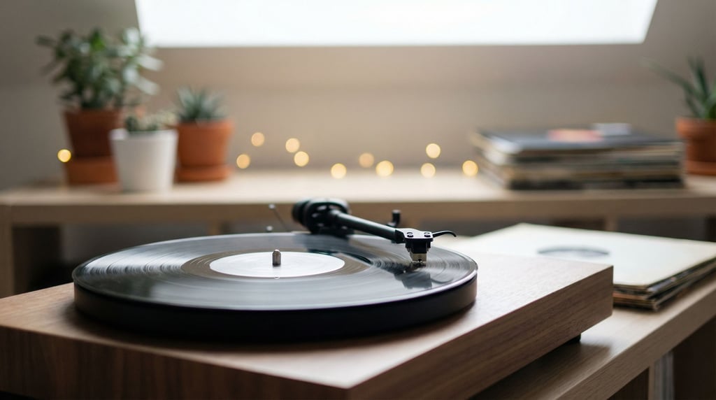 A record player with vinyl spinning, needle in the groove, soft bokeh from behind (70rcuhzy)