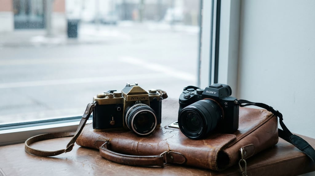 A vintage film camera next to a modern mirrorless body on weathered leather, generational contrast