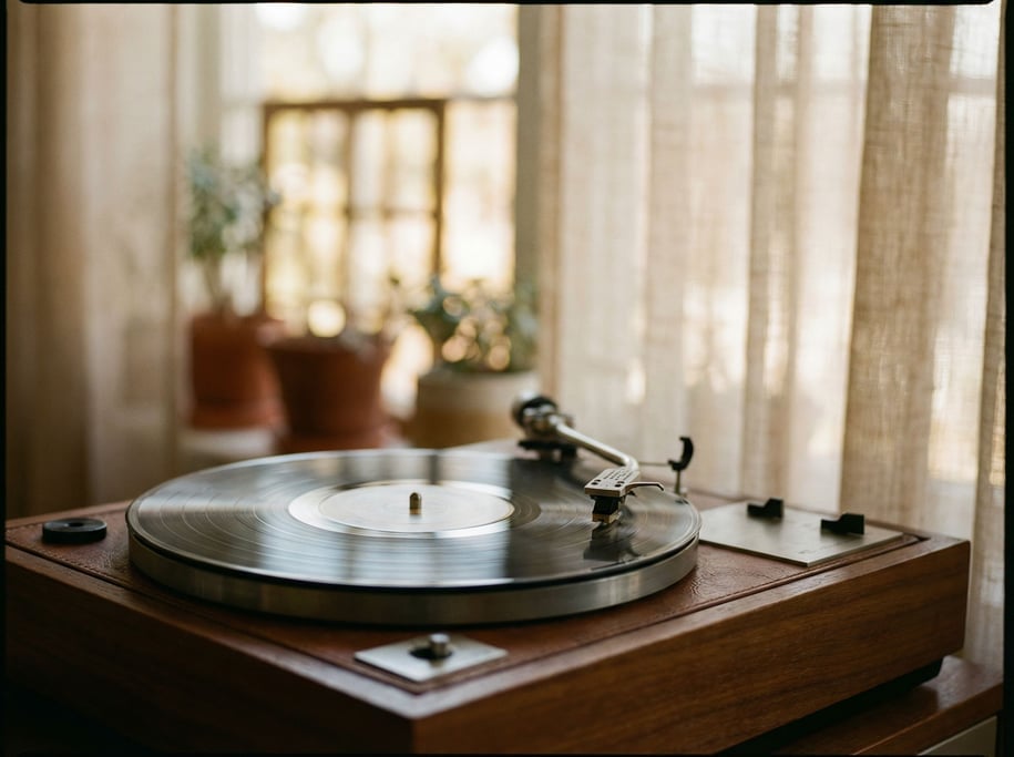 A record player with vinyl spinning, needle in the groove, soft bokeh from behind (xfm4fn5v)