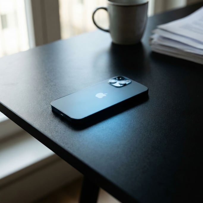 A smartphone face-down on a matte black table, screen glow casting a faint cool reflection upward (l6iapkun)