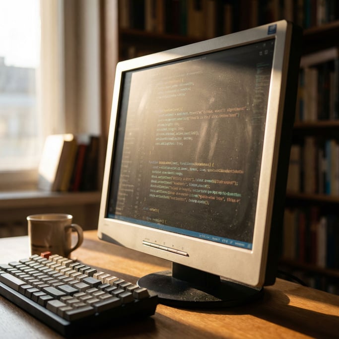 A monitor displaying code, shot from the side at an angle, ambient room light