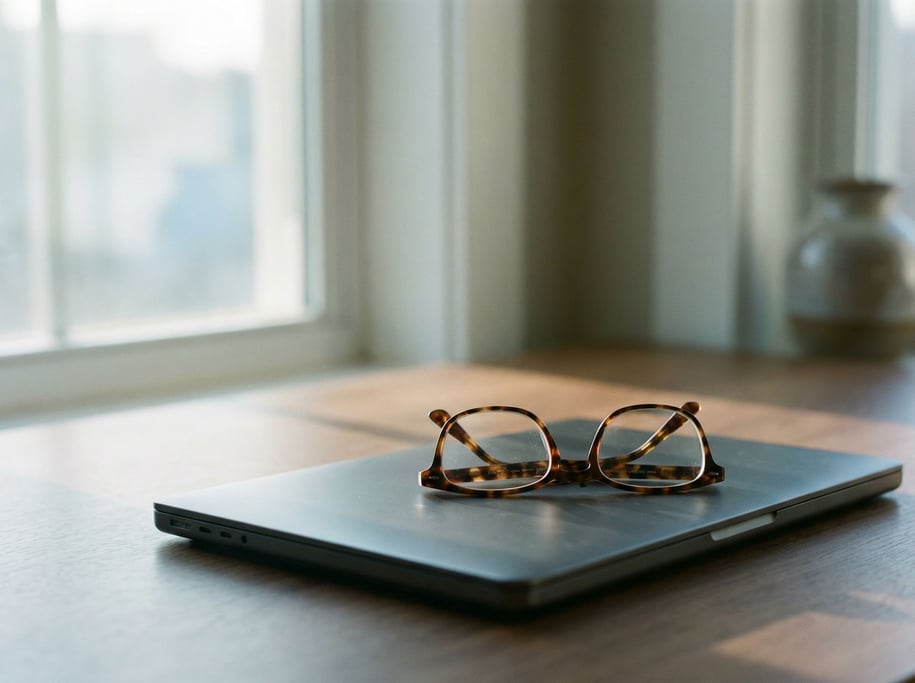 A pair of reading glasses resting on a closed laptop, late afternoon window light (nviqai46)