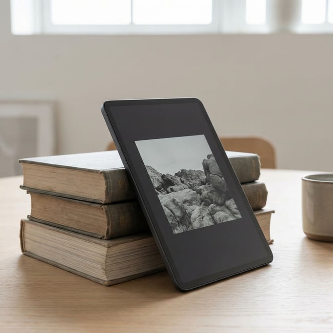 A tablet propped against a stack of art books, displaying a black and white photograph (4xu7kuik)