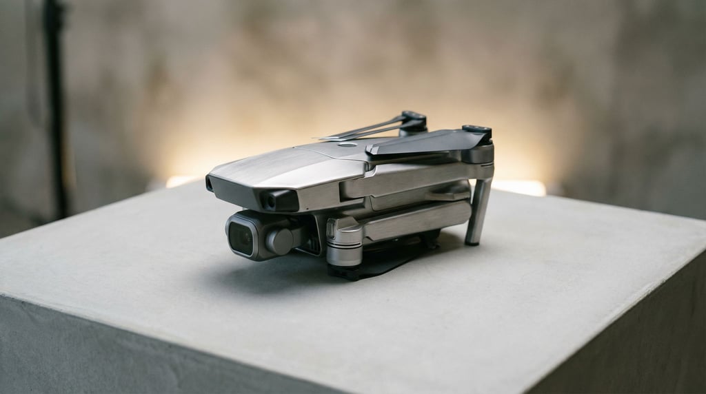 A drone folded on a clean concrete surface, propellers tucked, diffused light from above (dporxu1z)