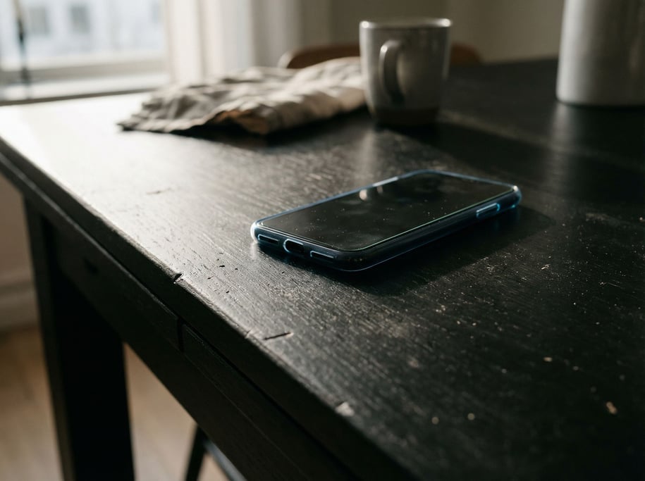 A smartphone face-down on a matte black table, screen glow casting a faint cool reflection upward (g4bnzbje)