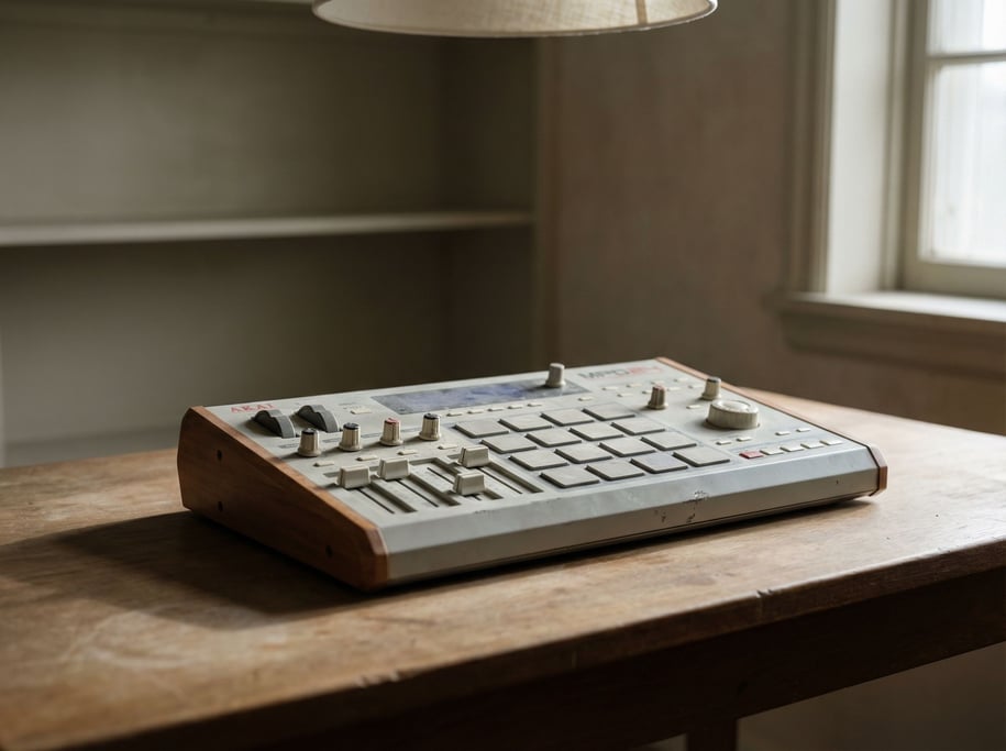 A MIDI controller with knobs and sliders, soft overhead light revealing surface wear (8tbdik4)