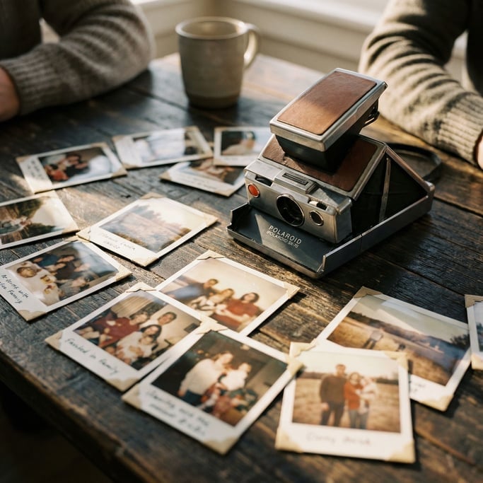 Polaroid photos scattered around an instant camera on a dark wood surface (ltpue5uu)