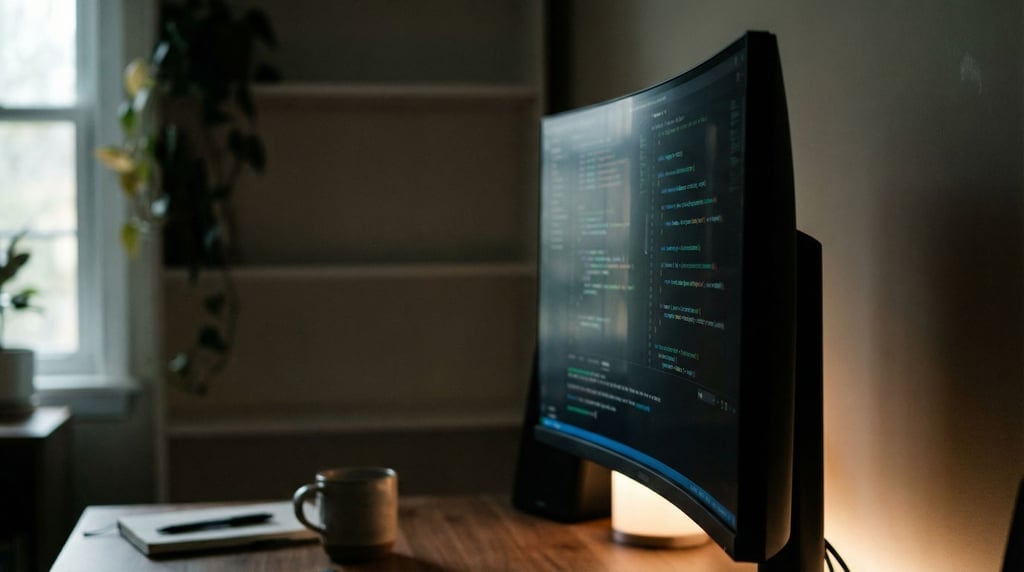 A monitor displaying code, shot from the side at an angle, ambient room light (7zheeyse)