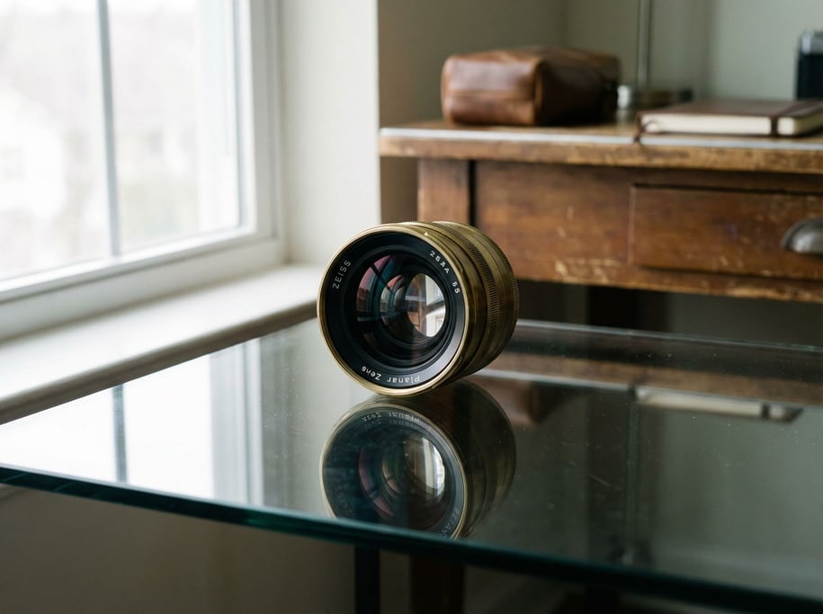 A camera lens standing upright on a reflective surface, internal elements visible through glass (orzlbayn)