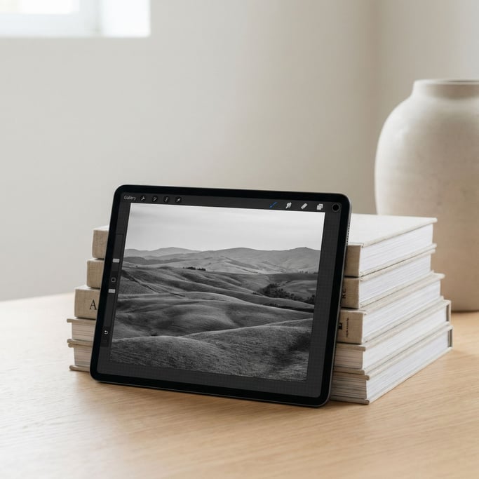 A tablet propped against a stack of art books, displaying a black and white photograph (rfjmjrdj)