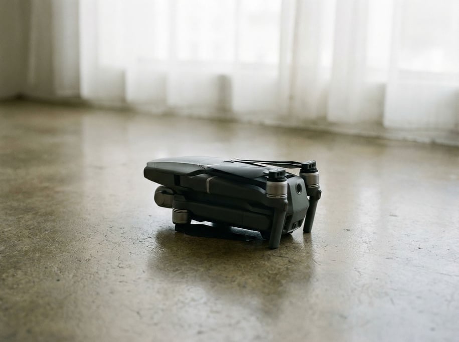 A drone folded on a clean concrete surface, propellers tucked, diffused light from above (gvynkp0)