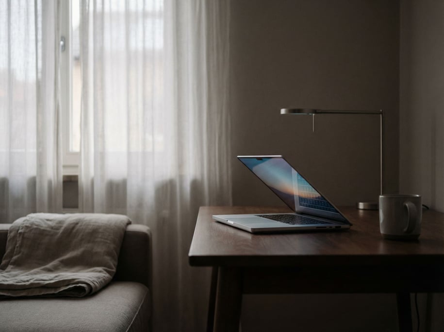 A laptop half-open in a dim room, screen light cutting through the darkness softly (b1bzlaoq)