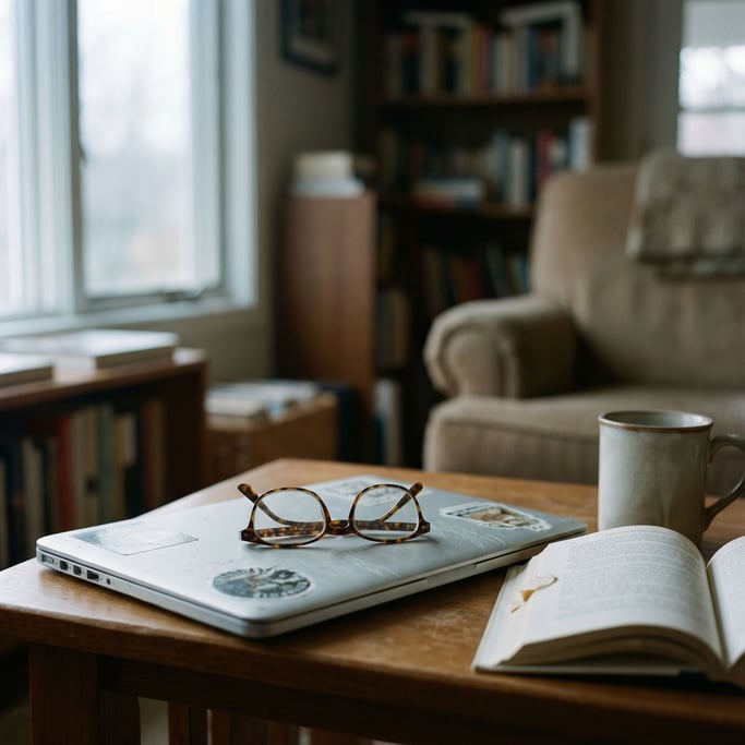 A pair of reading glasses resting on a closed laptop, late afternoon window light (syaesvtk)