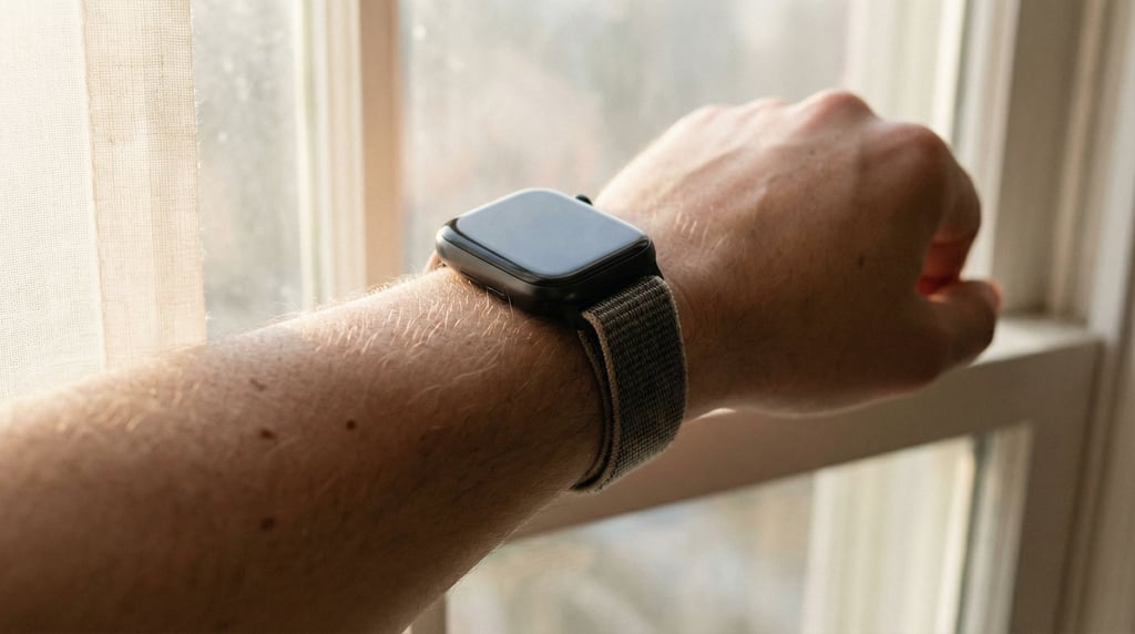 A smartwatch on a bare wrist, natural light, skin texture visible, intimate and personal (uooeyl0k)