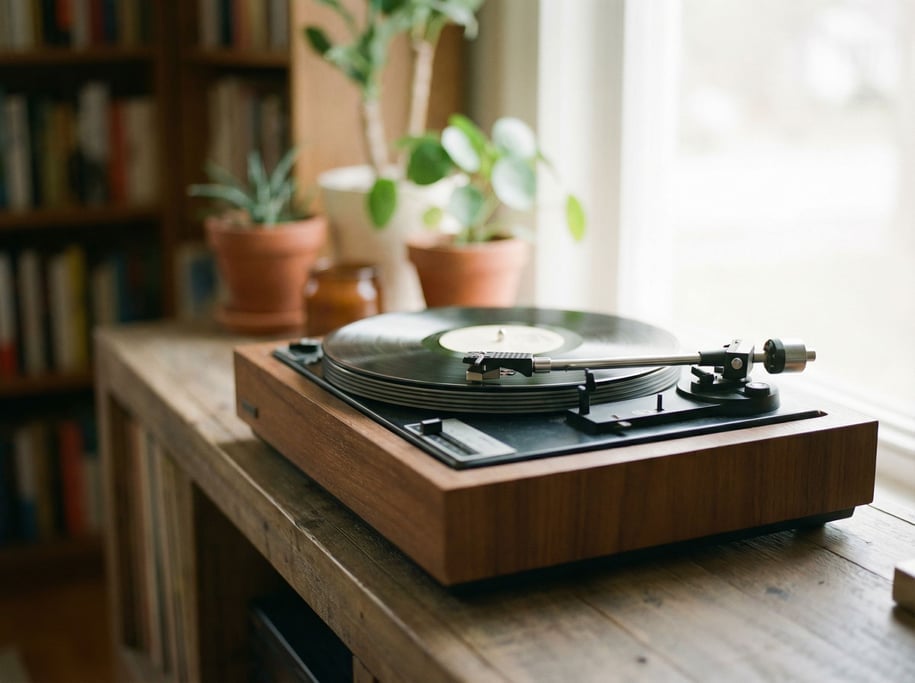 A record player with vinyl spinning, needle in the groove, soft bokeh from behind (y9hu)