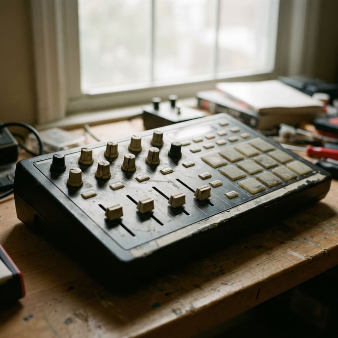 A MIDI controller with knobs and sliders, soft overhead light revealing surface wear (c8968ln)