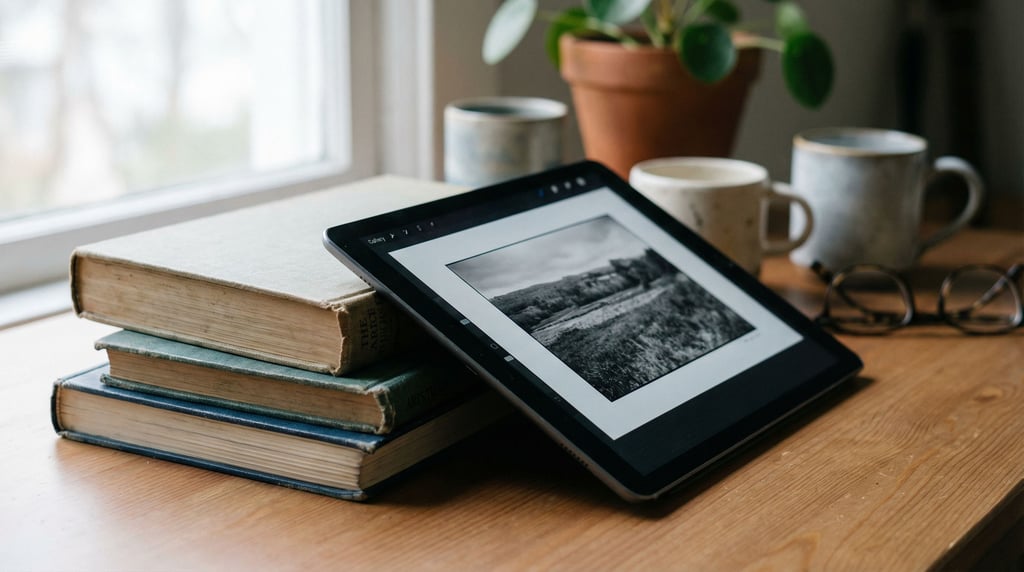 A tablet propped against a stack of art books, displaying a black and white photograph (3tyyv0da)
