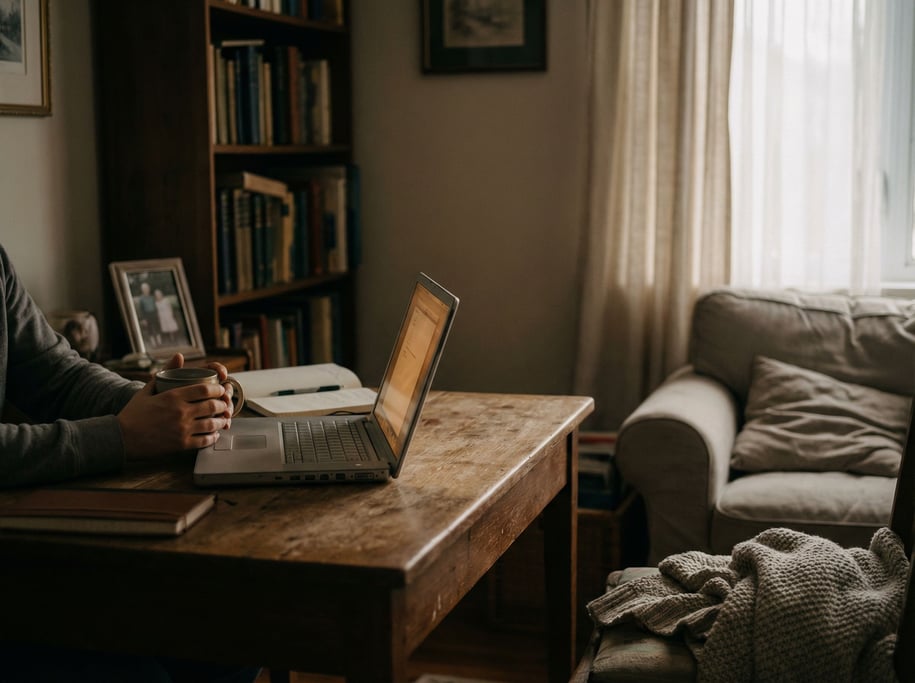 A laptop half-open in a dim room, screen light cutting through the darkness softly (uaomqvxz)