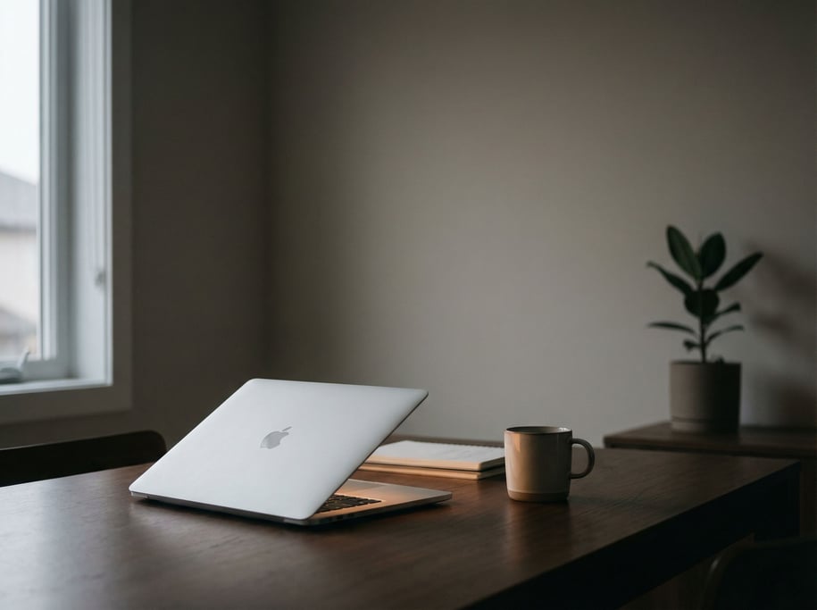 A laptop half-open in a dim room, screen light cutting through the darkness softly (nku3mnwp)