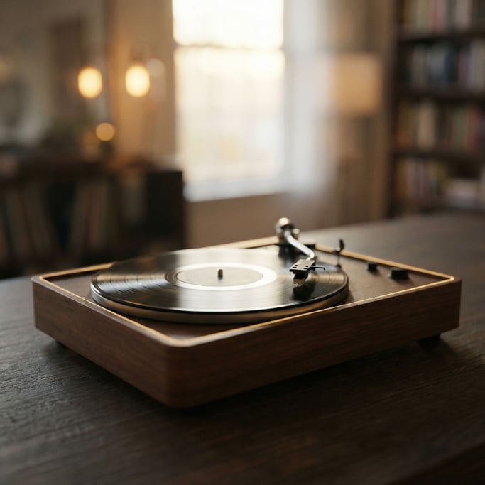 A record player with vinyl spinning, needle in the groove, soft bokeh from behind (erfyexr2)