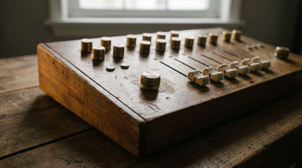 A MIDI controller with knobs and sliders, soft overhead light revealing surface wear (bckct1xn)