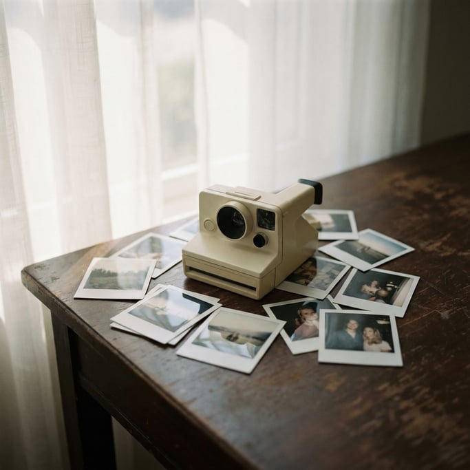 Polaroid photos scattered around an instant camera on a dark wood surface (5fd2wp9y)
